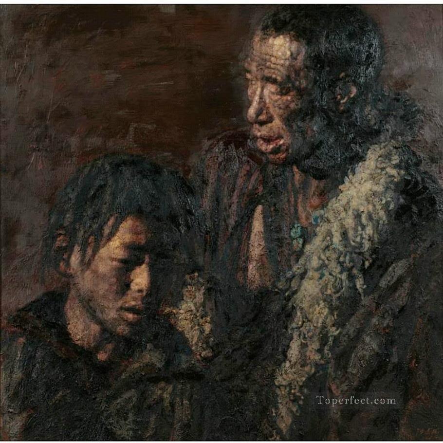 父と息子 チェン・イーフェイ チベット油絵